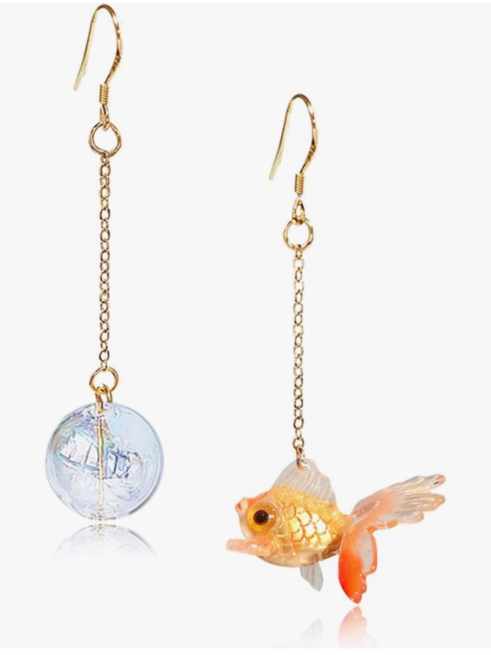 ❤️ Goldfish Dangle Earrings Long Gold Tone Chain Orange Goldfish Novelty Jewelry